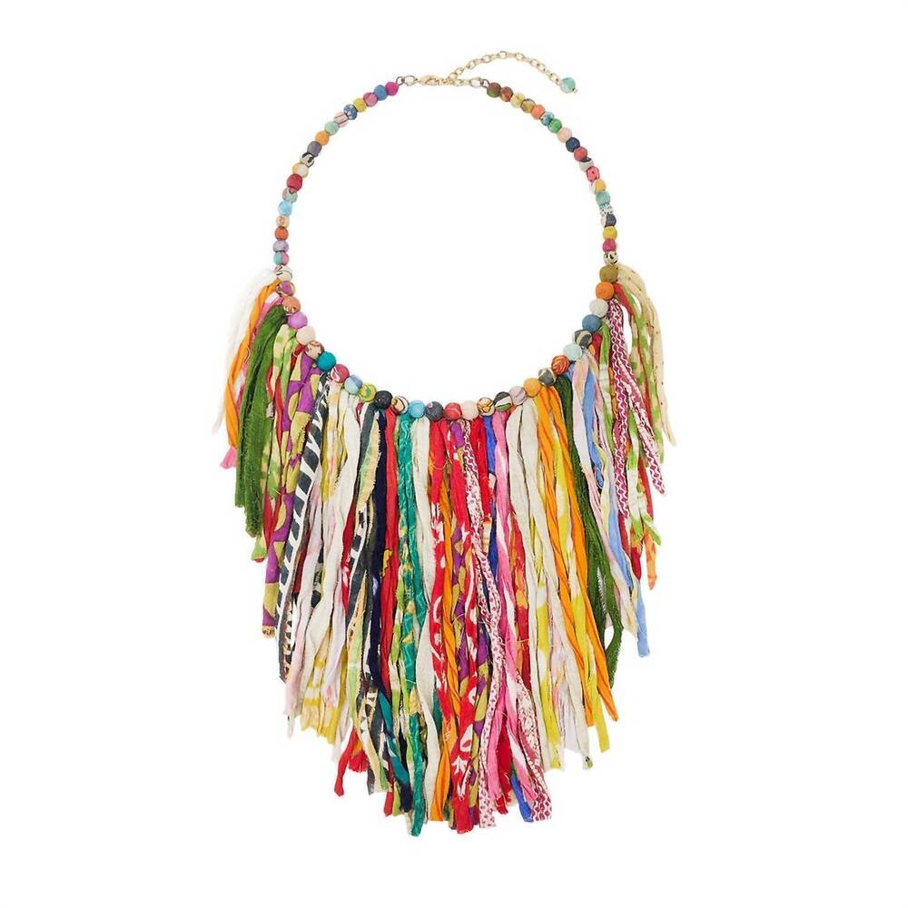 NEW WORLD FINDS kantha fringe collar necklace in multi